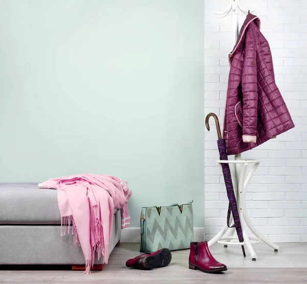Stylish hallway interior with with clothes and shoes in pink color — Stock Image Stylish Hallway Interior Clothes Shoes Pink Color Stock Picture