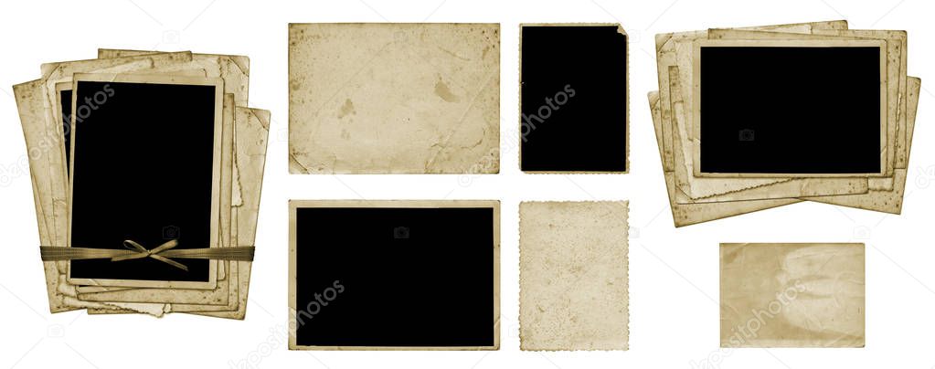 Set of old vintage dirty photo postcards and album sheets on white isolated background