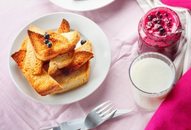 Lezzetli tost ekmeği ev yapımı frenk üzümü reçeli ve parlak kırmızı masa örtüsü üzerinde süt.