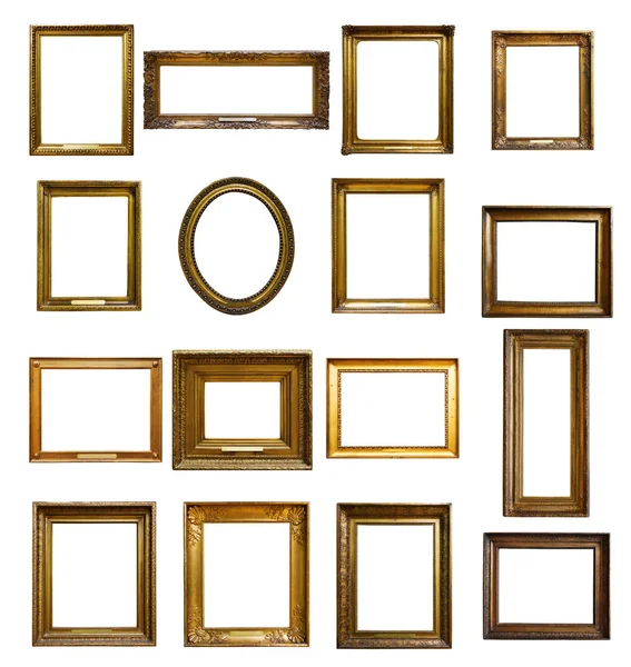 Set Three Vintage Golden Baroque Wooden Frames White Isolated Background — Stock Photo, Image