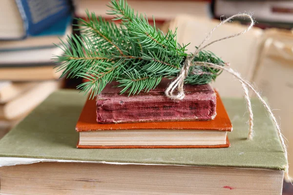 Spruce Twig Tied Old Rope Stack Old Vintage Books School — Stock Photo, Image