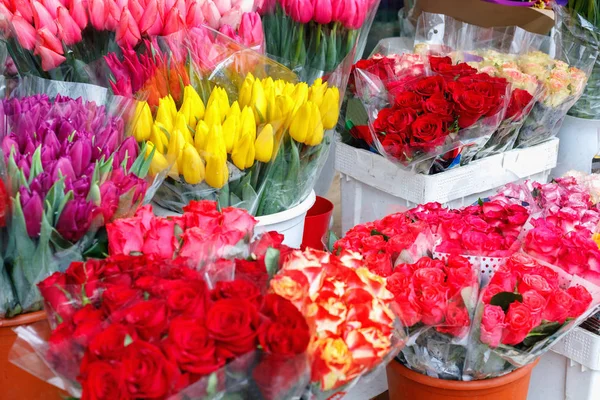 Barevné Tulipány Růže Další Květiny Květináčích Vstup Malé Květinářství — Stock fotografie