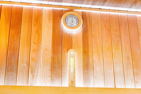 Thermometer Hourglass Wall Traditional Wooden Sauna — Stock Photo, Image