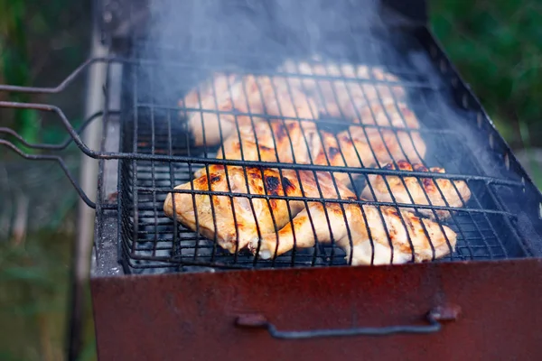 Jambes Poulet Fraîches Sur Gril Métallique Pique Nique Été Dans — Photo