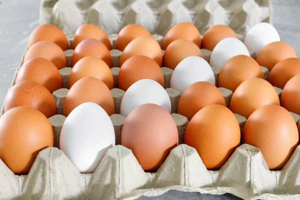 Frische, rohe, weiße und braune Eier in Papierverpackung — Stockfoto