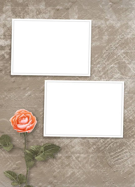 Праздничная открытка с жемчугом, рамкой и букетом красивых персиковых роз на бумажном фоне — стоковое фото