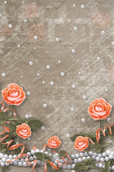 Holiday card with pearls and bouquet of beautiful peach  roses on brown paper background — Stock Photo, Image