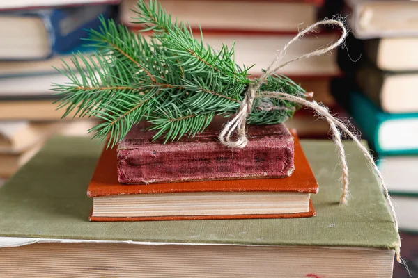 Spruce twig tied up with old rope on stack of old vintage books — Stock Photo, Image