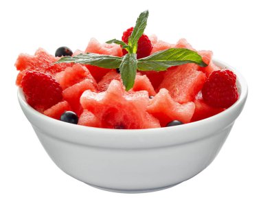 Karpuz, ahududu ve kuş üzümü taze sulu parçalar Salatası