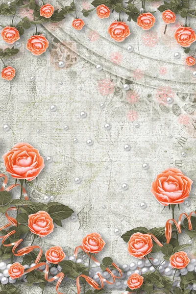 Pohlednice z dovolené s perlami a kytici krásných rudých růží na zelené papírové pozadí — Stock fotografie