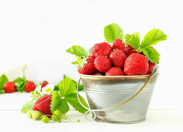 Juicy ripe tasty strawberries in  metal bucket on white wooden table. — Stock Photo, Image