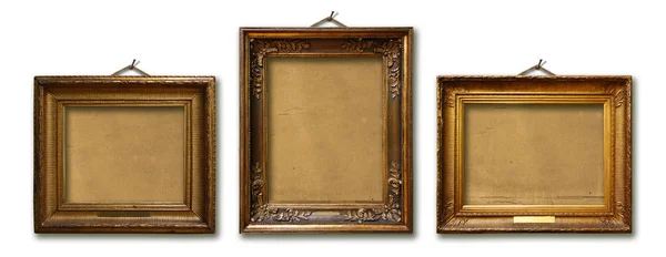 Set van drie vintage gouden barok houten frames op geïsoleerde achtergrond — Stockfoto