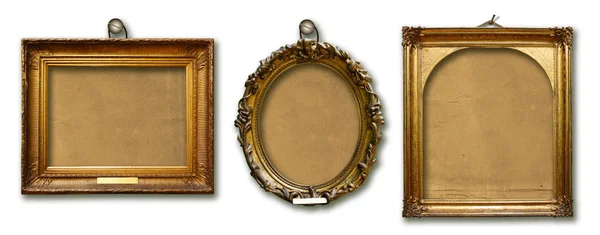 Set of three vintage golden baroque wooden frames on  isolated background — Stock Photo, Image