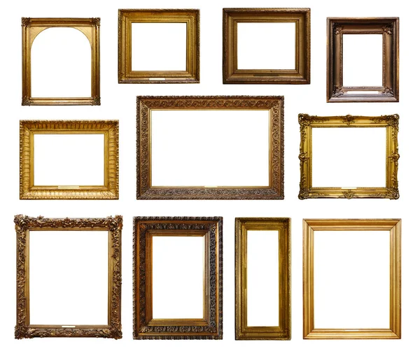 Set of three vintage golden baroque wooden frames on isolated background — Stock Photo, Image