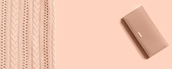 美しい撮影スタイリッシュなファッショナブルな綿ピンクのセーターと革財布上の明るいバラの背景 — ストック写真