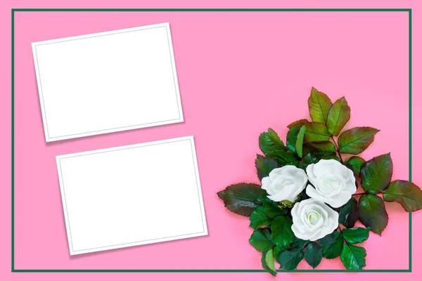 Beautiful Bouquet White Roses Green Foliage Pink Paper Background Creative — Stock Photo, Image