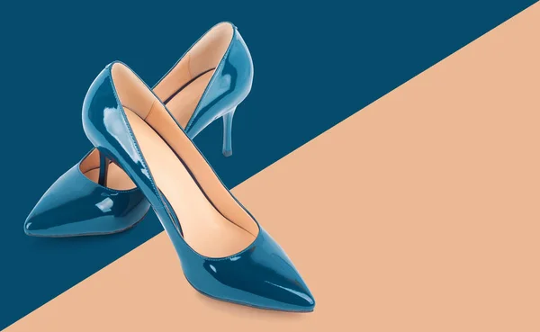 Creative Collage Fashionable Women Blue Shoes Paper Background Style Zine — Stock Photo, Image