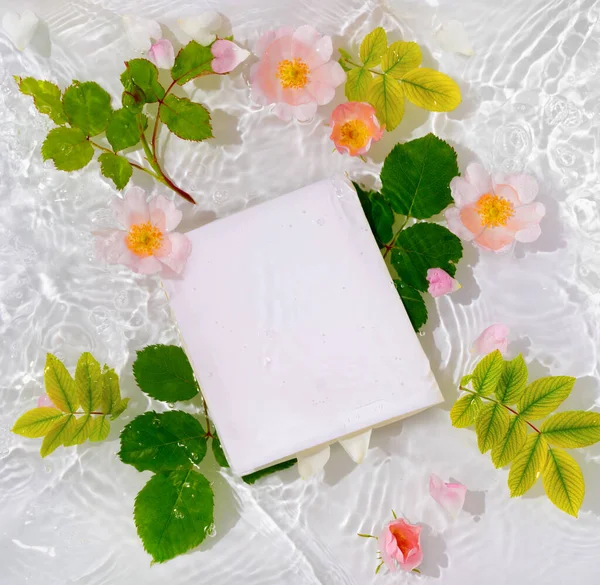 Поздравительная Открытка Красивыми Лепестками Роз Макро Каплей Плавающей Поверхности Воды — стоковое фото