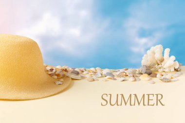  Okyanus kıyısında deniz kabukları ve mavi gökyüzü olan güzel bir hasır şapka. Doğa yaz arkaplanı.