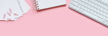 Laptop, aksesuarlar ve pembe arka planda kalem. Çalışma yerinin düzlüğü. 