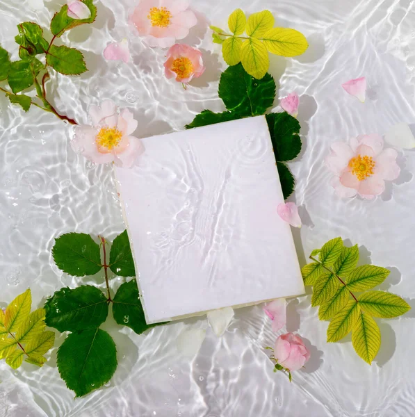 Tarjeta Felicitación Con Hermosos Pétalos Rosa Macro Con Gota Flotando — Foto de Stock