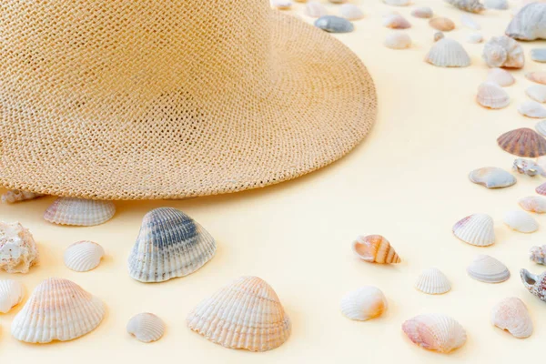 海の海岸に貝の美しいわらの帽子 自然夏の背景 — ストック写真