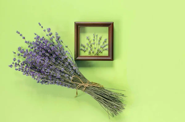 Houten Frames Met Prachtig Boeket Van Geurige Lavendel Rustieke Stijl — Stockfoto