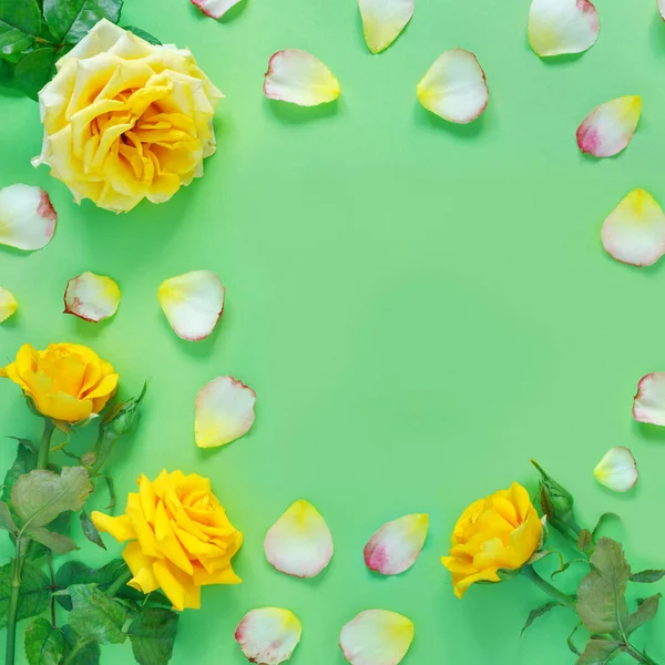 緑の紙の背景に美しい黄色のバラと花の花びらの花束 休日へのお祝いや招待状 — ストック写真
