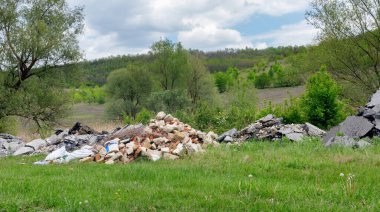 Yaz mevsimindeki genç ormanın yakınındaki inşaat enkazı ve atık yığınları. Çevre kirliliği. 