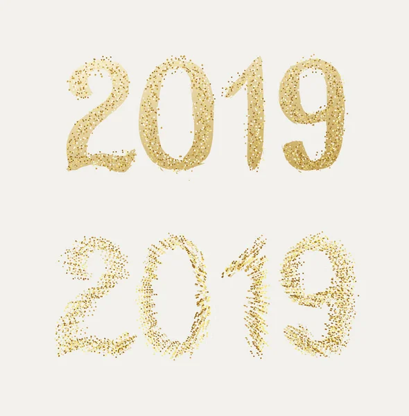 Nouvel An 2019. Texte doré avec confettis lumineux — Image vectorielle