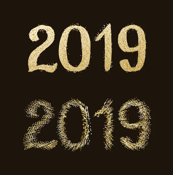 Yeni yıl 2019. Parlak konfeti ile altın metin — Stok Vektör