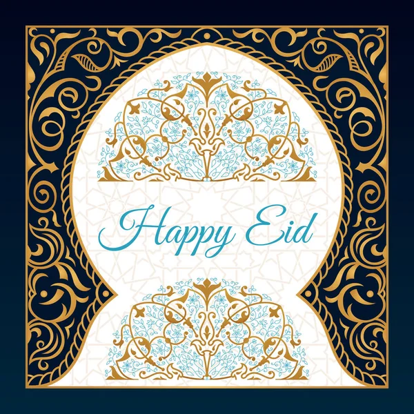 Happy Eid Mubarak desain ucapan, kata-kata liburan bahagia dengan masjid emas dan latar belakang bunga - Stok Vektor