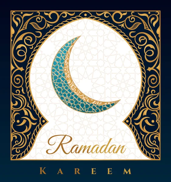 Ramadán Kareem saludo fondo símbolo islámico creciente con patrón árabe - caligrafía de línea — Vector de stock