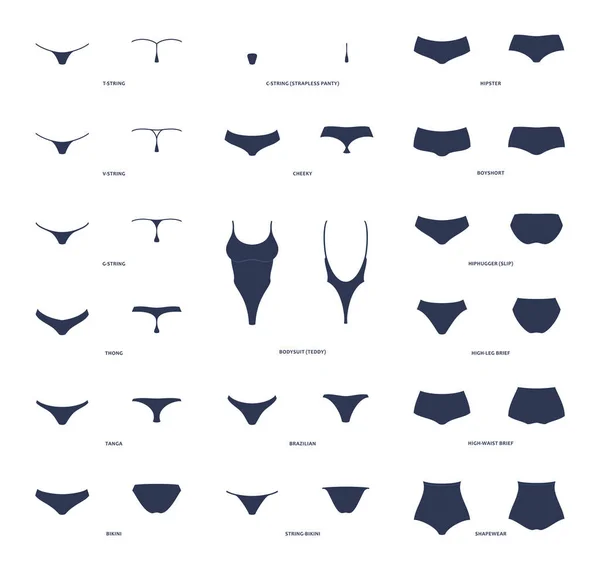 Bragas de mujer. colección vectorial de lencería, cuerda, panty — Vector de stock