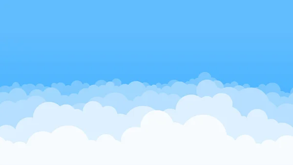 Nubes y cielo azul de fondo. Vector plano de aire blanco nube de dibujos animados en el horizonte del cielo — Vector de stock