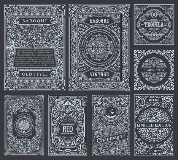 Ensemble vectoriel vintage cartes rétro. Modèle de carte de vœux frontière ou invitation — Image vectorielle