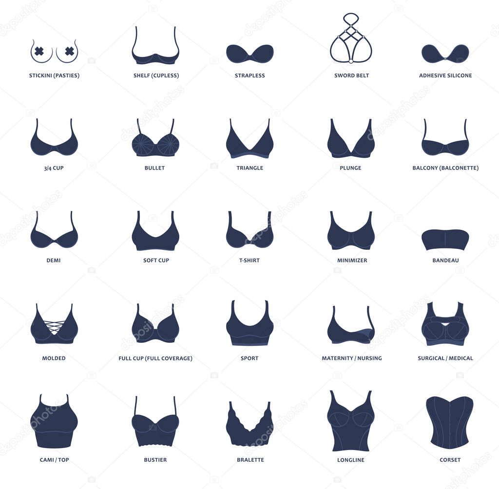 Types of bras. Vector collection of lingerie. Set of underwear, balconette, strapless, glamour corset, erotic push-up, bikini, bandeau plunge, body figure, bodysuit, demi cup