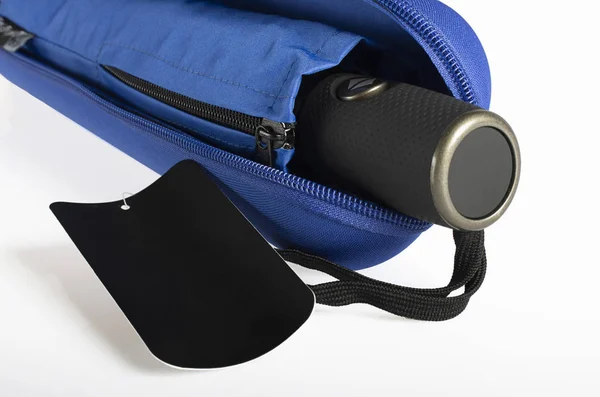 Compact Waterproof Umbrella Sleeve Hard Case Isolated White Black Tag — Stock Photo, Image