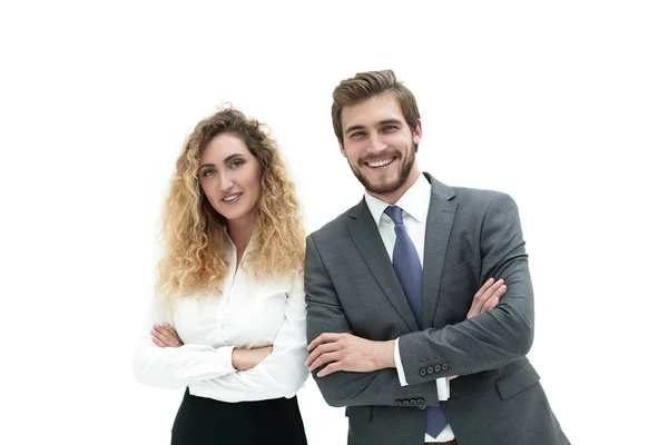 Two young business people stand with arms folded — Stock Photo, Image