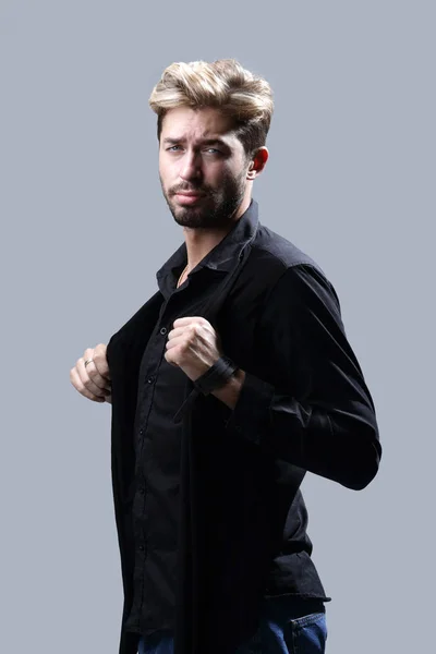 Full Size Portrait Stylish Young Bearded Man Standing Gray Background — Stock Photo, Image