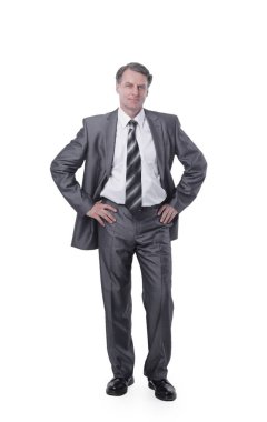 Tüm büyüme. Ceket tutan takım elbiseli ciddi adam