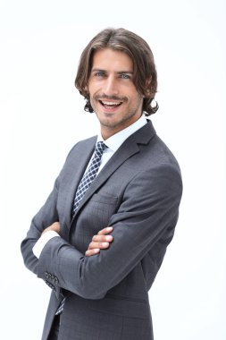 Tam uzunlukta elleri ceplerinde bir kenara studio seyir siyah elbiseli iş adamı sakallı. izole arka plan