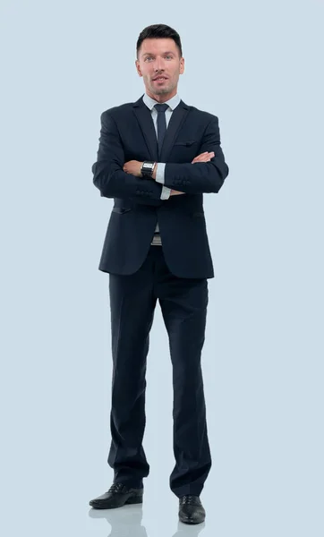 Full-length Portret van zakenman met handen gekruist, geïsoleerd. — Stockfoto