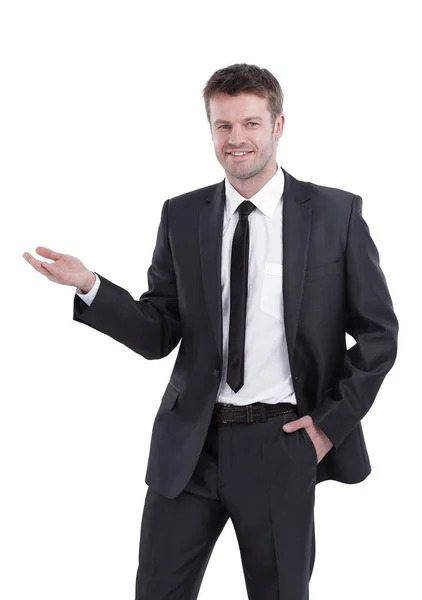 Smiling businessman pointing copy space. — Stock Photo, Image