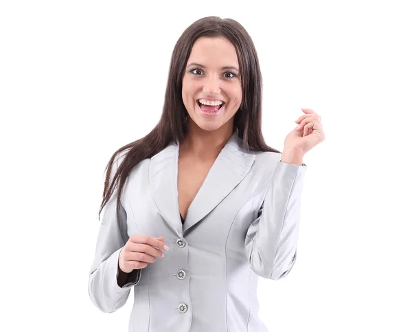 Hermosa mujer de negocios sonriendo aislada sobre un blanco — Foto de Stock