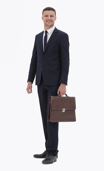 Уверенный бизнесмен с портфелем. вид сбоку — стоковое фото