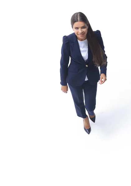 Business woman walking in full length on white background — Stock Photo, Image