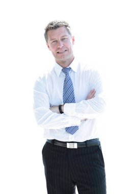 İzole üzerinde beyaz arka plan gülümseyen yakışıklı genç iş adamı