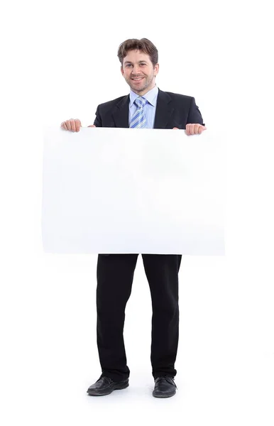 Empresário segurando um cartaz em branco — Fotografia de Stock