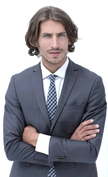 Joven feliz con el pelo oscuro usando un traje elegante — Foto de Stock